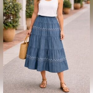 NWT Lapis skirt denim blue chambray long midi length embroidery Sz L
